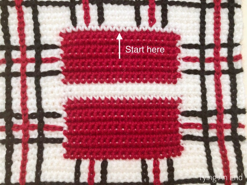 crochet plaid pattern design using surface slip stitch with red gift box pattern