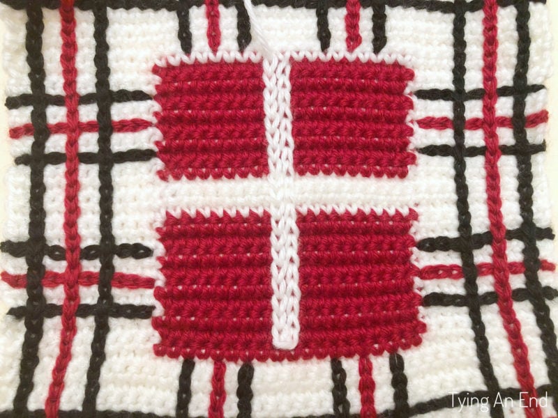 crochet plaid pattern design using surface slip stitch with red gift box pattern