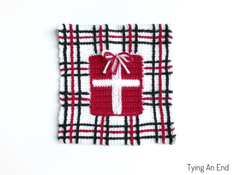 crochet plaid pattern design using surface slip stitch with red gift box pattern