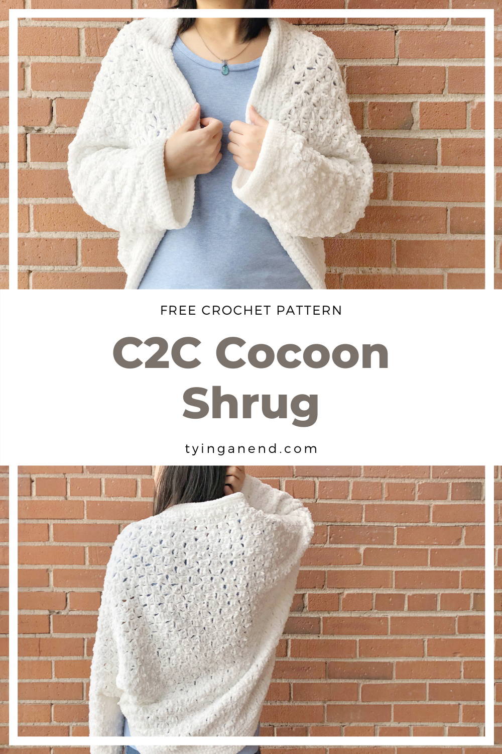 woman wearing white crochet c2c cocoon shrug in front of a brick wall