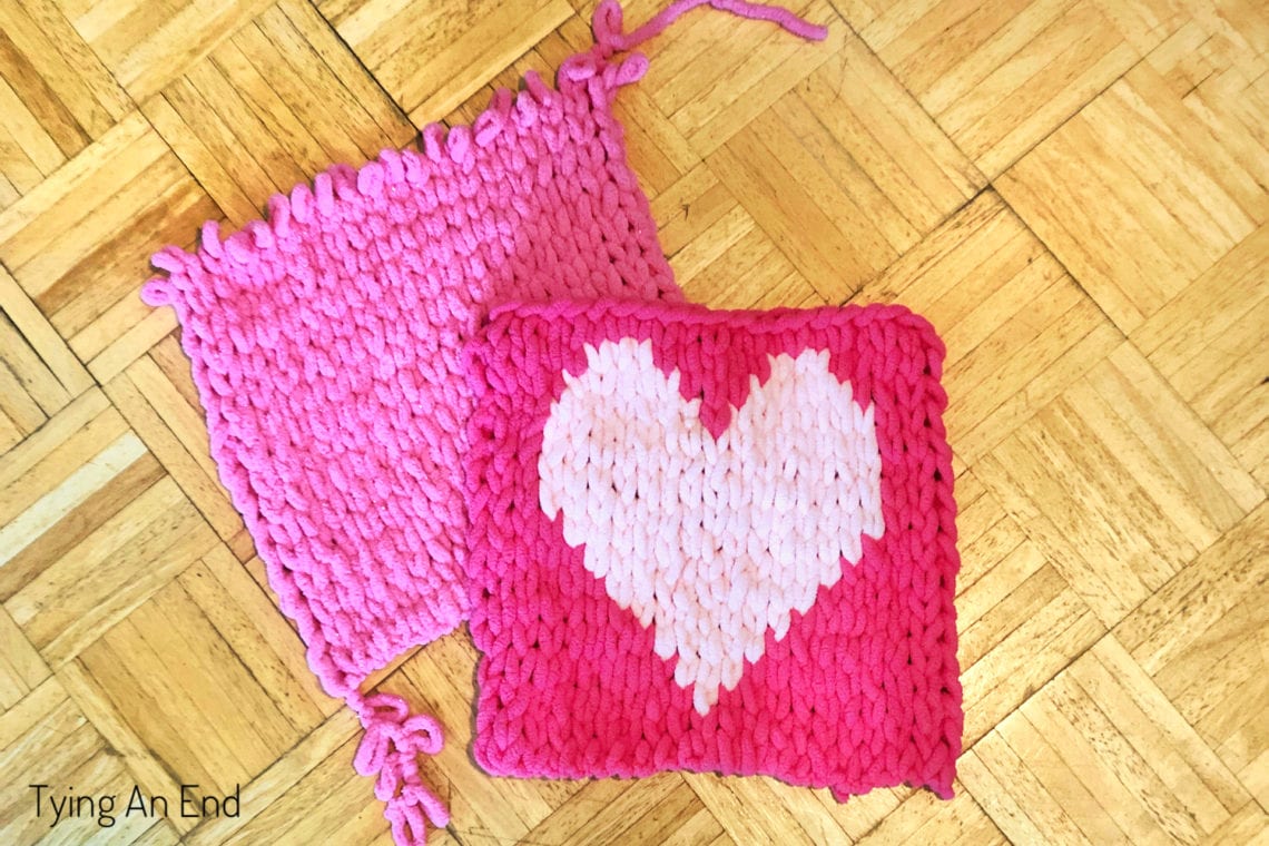 yarn craft with kids finger knitting heart and pink square