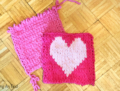 yarn craft with kids finger knitting heart and pink square