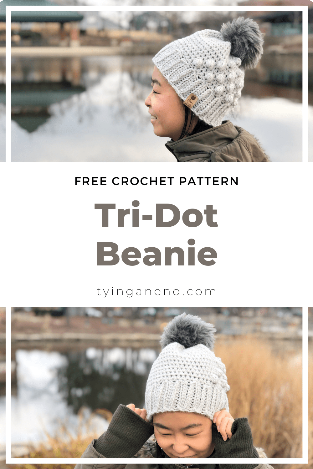 woman wearing silver crochet beanie hat in front of a pond